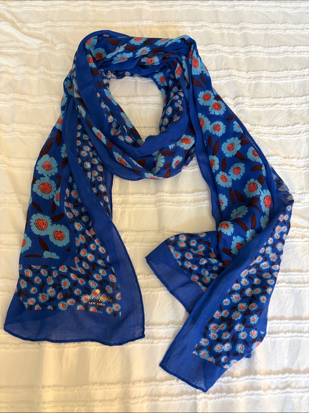 kate spade Tangier Floral Royal Blue Scarf with Coral Accents approx 24”x 80”